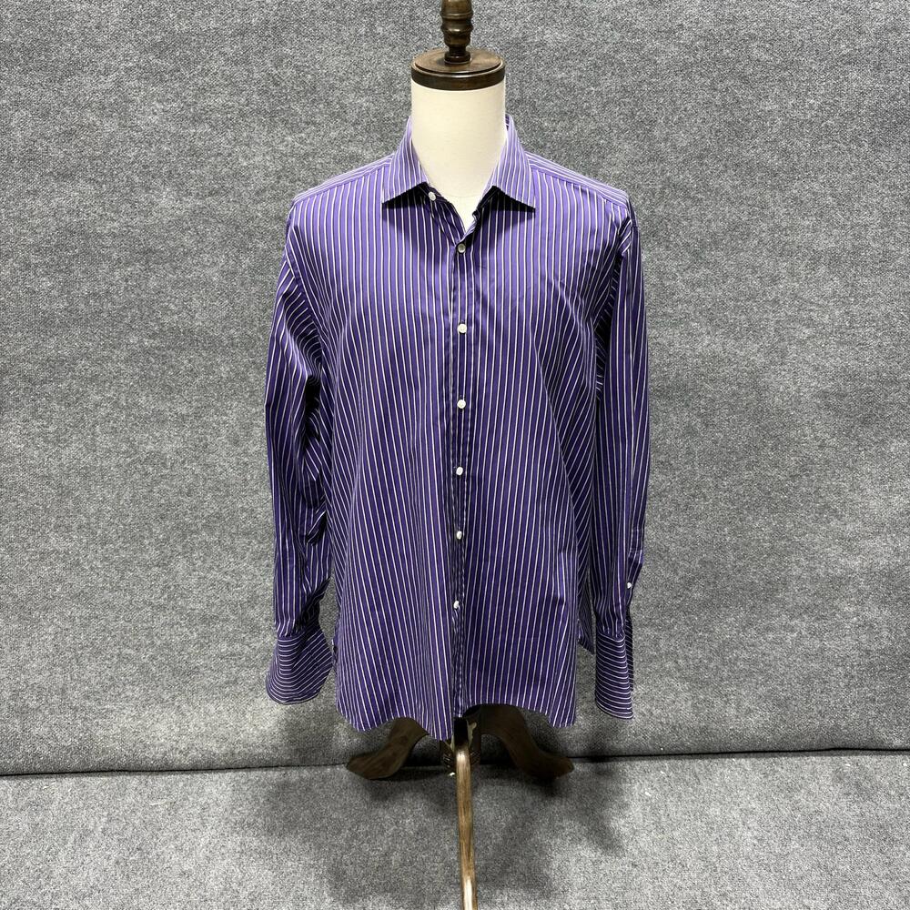 Ralph Lauren Shirt Mens 17.5 34/35 Purple Stripe Classic Fit Dress Italy